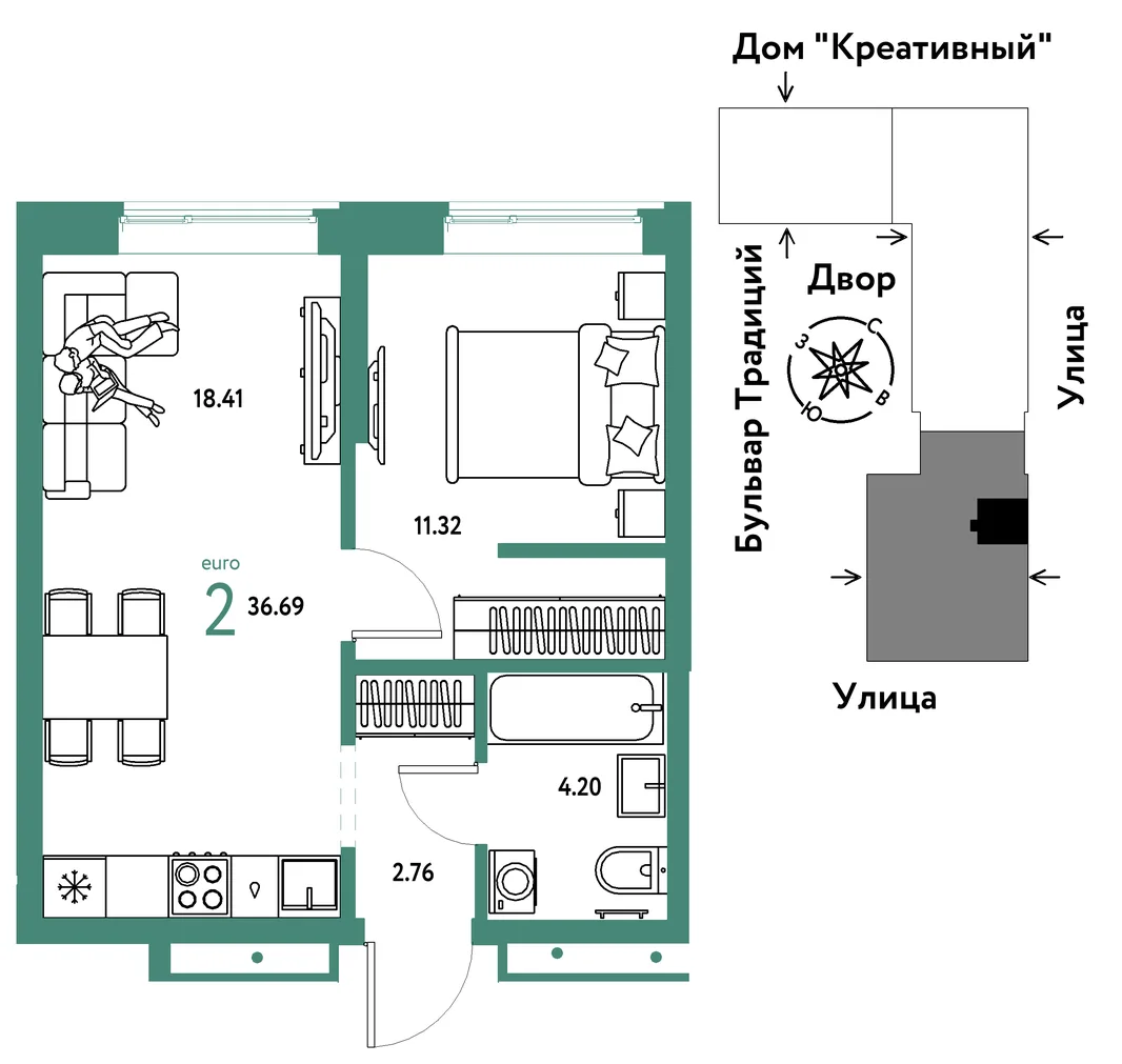 Планировка 2-комн. квартира, 36.69 м² ЖК «Микрорайон Домашний»