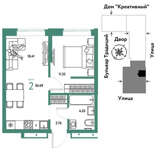 Планировка 2-комн. квартира, 36.69 м² ЖК «Микрорайон Домашний»