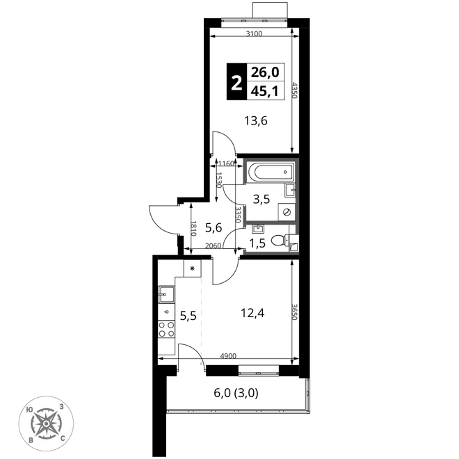 Планировка 2-комн. квартира, 45.1 м² ЖК «1-й Шереметьевский» Планировка 2-комн. квартира, 45.1 м² ЖК «1-й Шереметьевский»