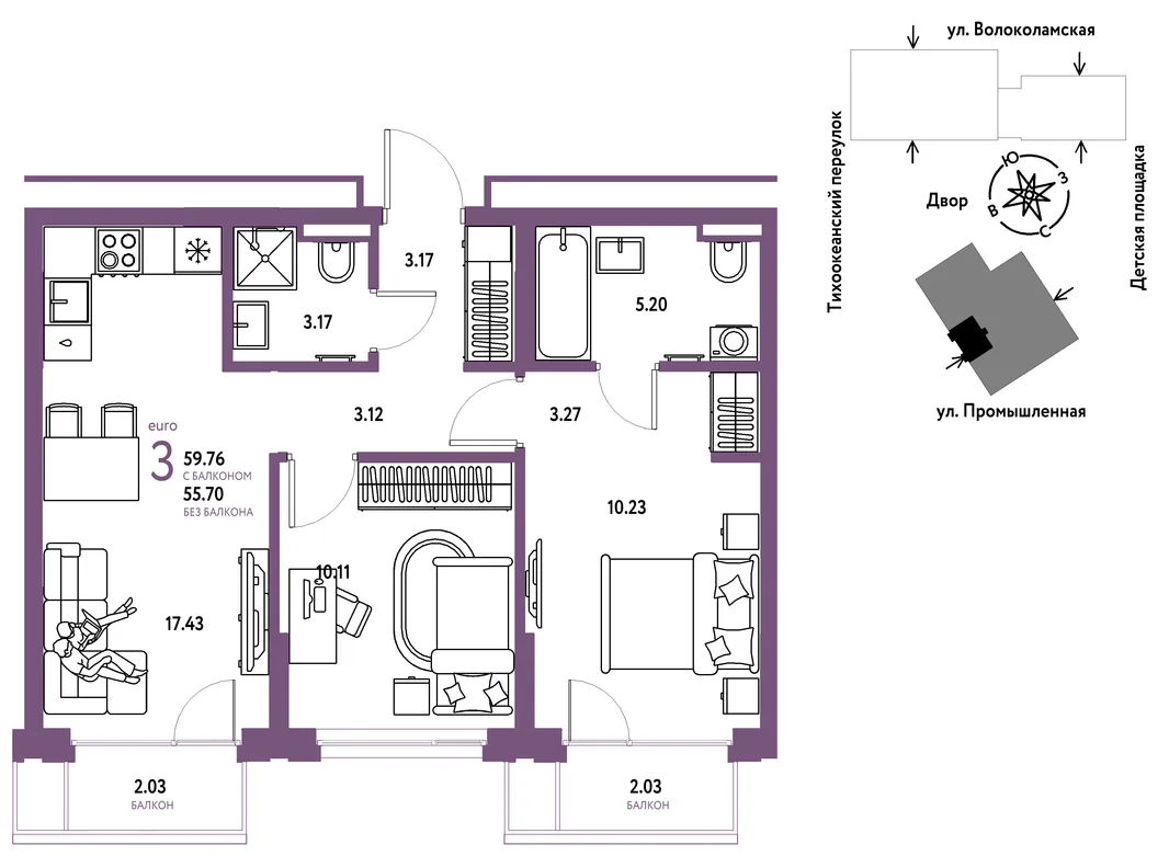 Планировка 3-комн. квартира, 59.76 м² ЖК «Страна Прибрежная»