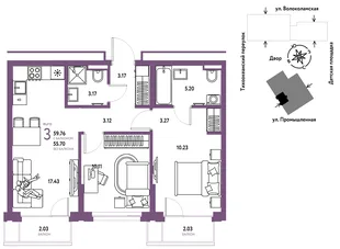 Планировка 3-комн. квартира, 59.76 м² ЖК «Страна Прибрежная»