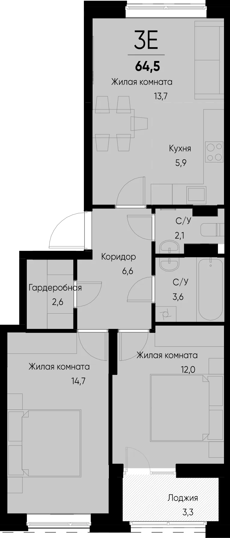 Планировка 3-комн. квартира, 64.9 м² ЖК «Васильевский остров»