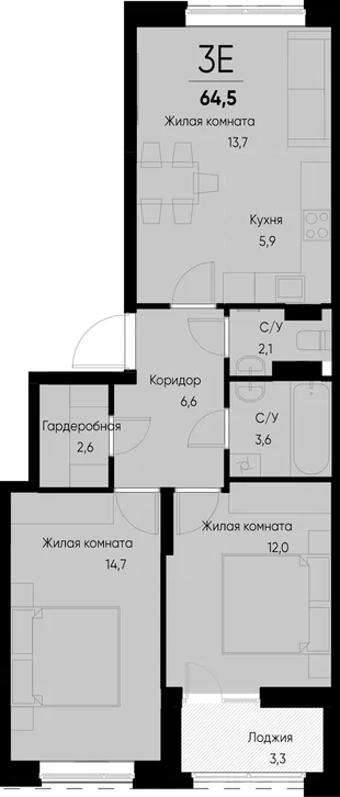 Планировка 3-комн. квартира, 64.9 м² ЖК «Васильевский остров»