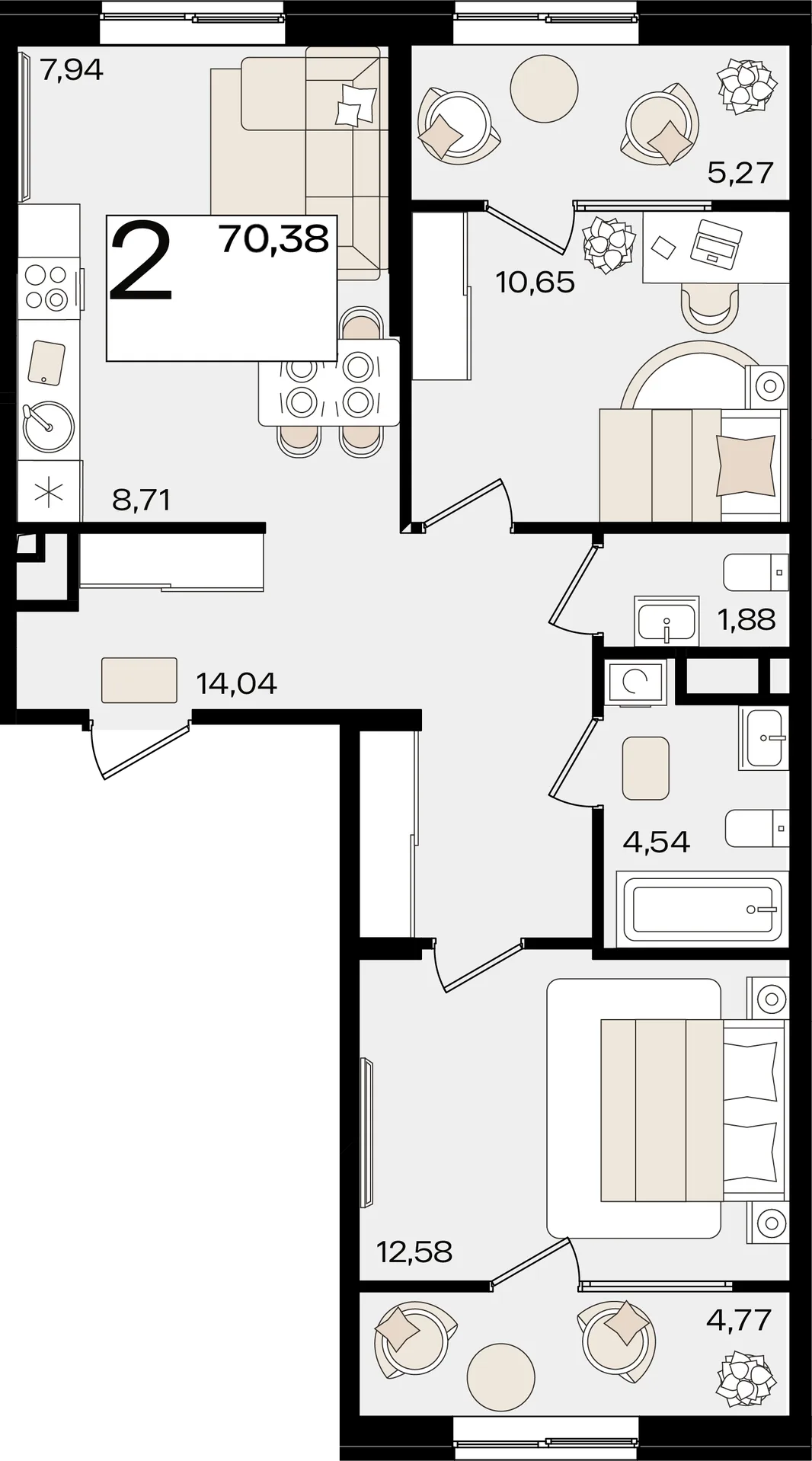 Планировка 3-комн. квартира, 70.38 м² ЖК «Патрики»