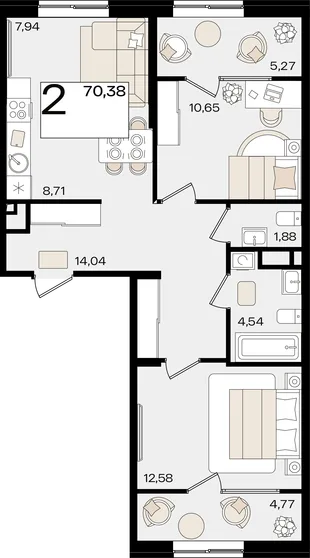 Планировка 3-комн. квартира, 70.38 м² ЖК «Патрики»