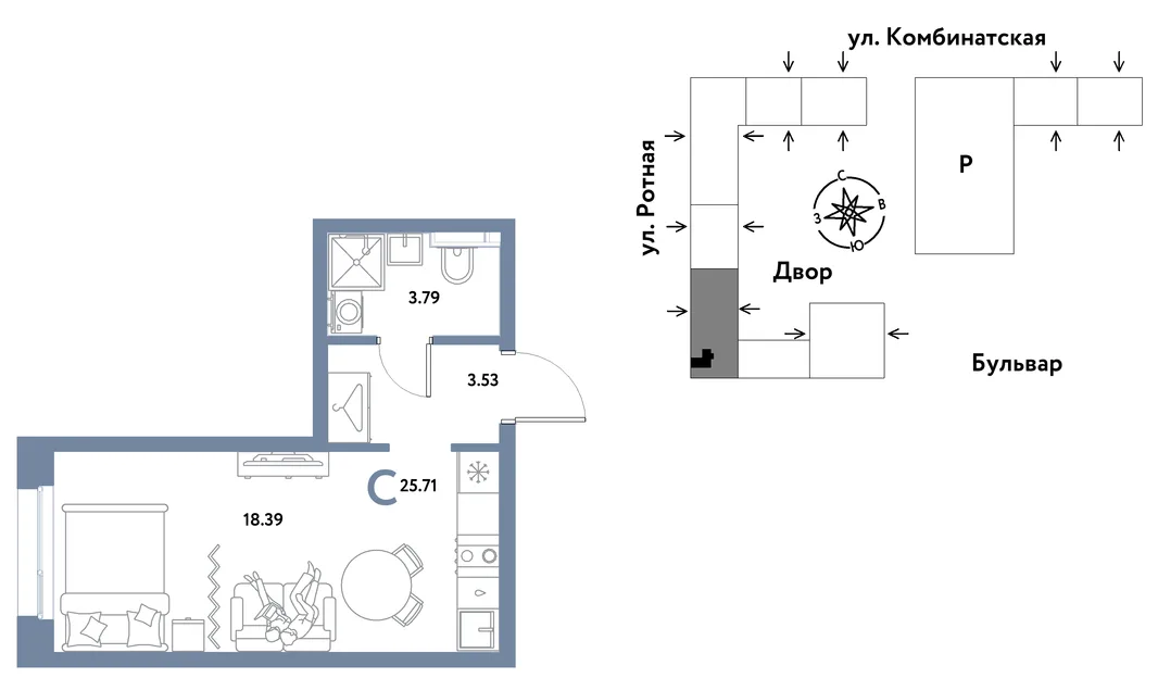 Планировка Студия, 25.61 м² ЖК «Уральский сад»
