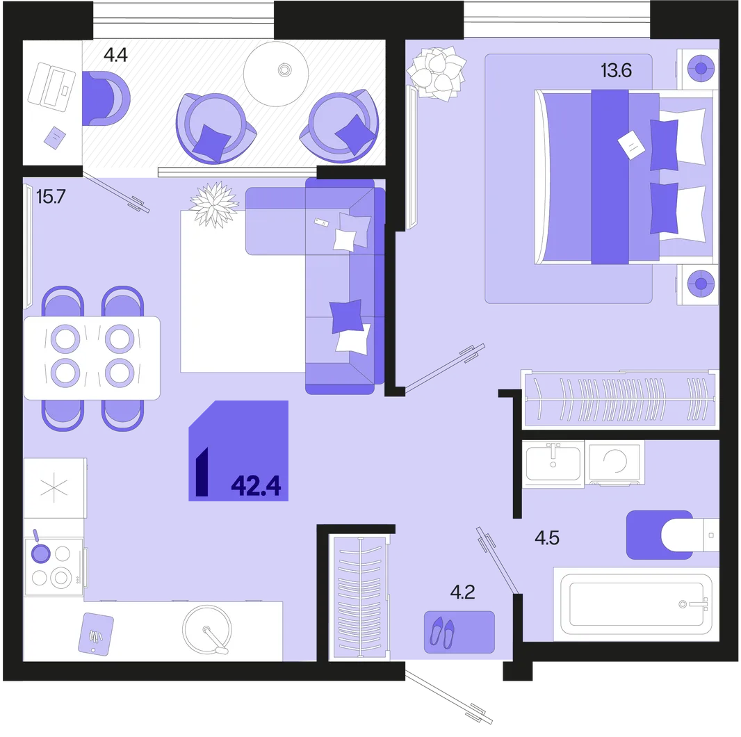 Планировка 1-комн. квартира, 42.4 м² ЖК «Первое место»