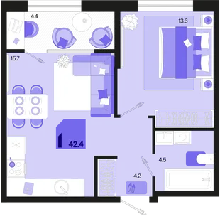 Планировка 1-комн. квартира, 42.4 м² ЖК «Первое место»