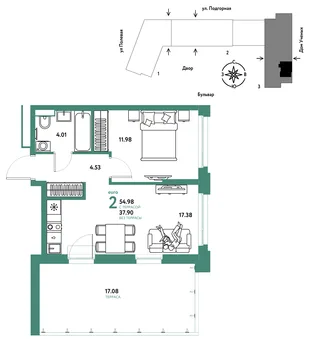 Планировка 2-комн. квартира, 54.99 м² ЖК «Авторский»
