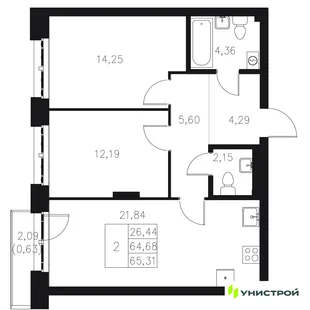 Планировка 2-комн. квартира, 65.31 м² ЖК «Statum»