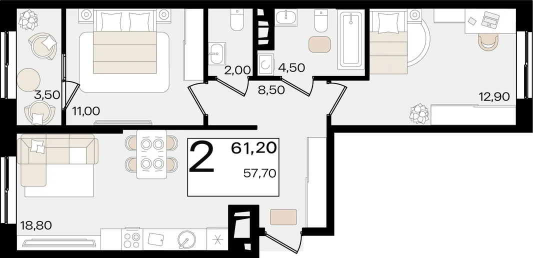 Планировка 2-комн. квартира, 61.2 м² ЖК «Патрики»