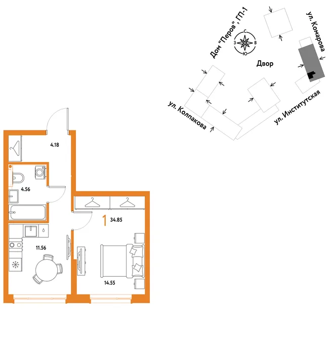 Планировка 1-комн. квартира, 34.85 м² ЖК «Страна.Парковая» Планировка 1-комн. квартира, 34.85 м² ЖК «Страна.Парковая»