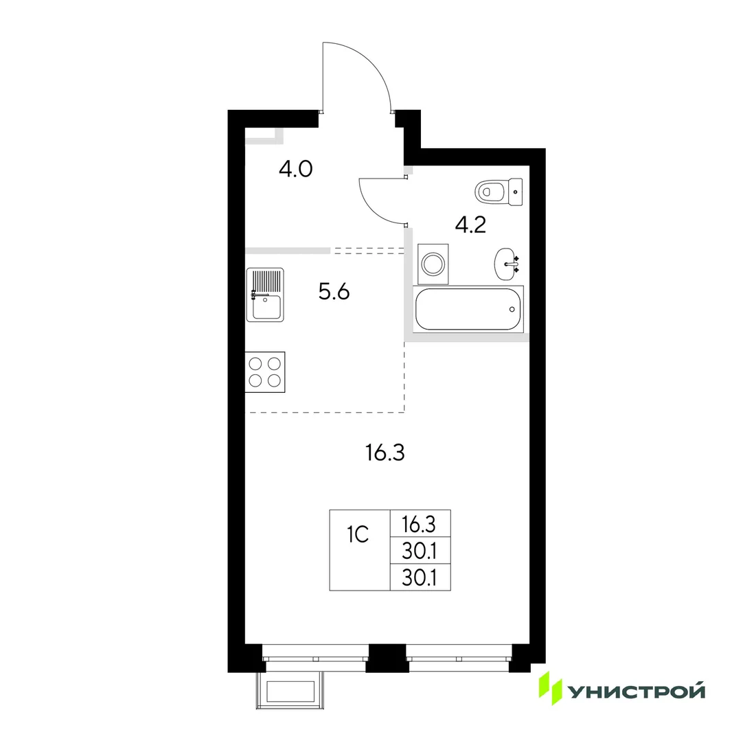 Планировка 1-комн. квартира, 30.1 м² ЖК «Стадиум»