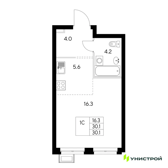 Планировка 1-комн. квартира, 30.1 м² ЖК «Стадиум»