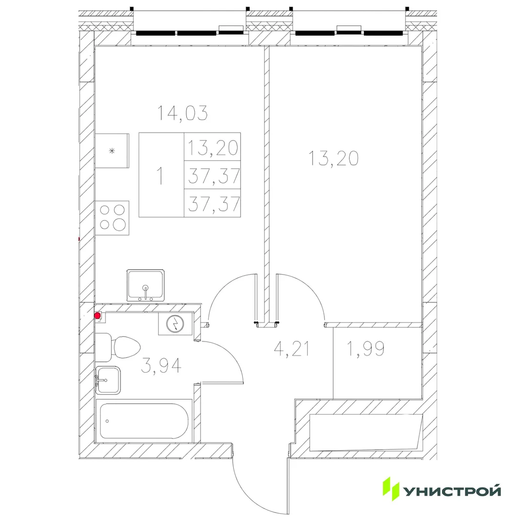 Планировка 1-комн. квартира, 37.37 м² ЖК «Statum»