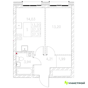 Планировка 1-комн. квартира, 37.37 м² ЖК «Statum»