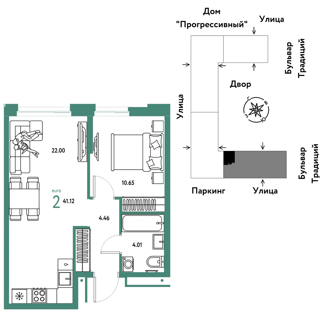 Планировка 2-комн. квартира, 41.12 м² ЖК «Микрорайон Домашний»