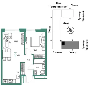 Планировка 2-комн. квартира, 41.12 м² ЖК «Микрорайон Домашний»