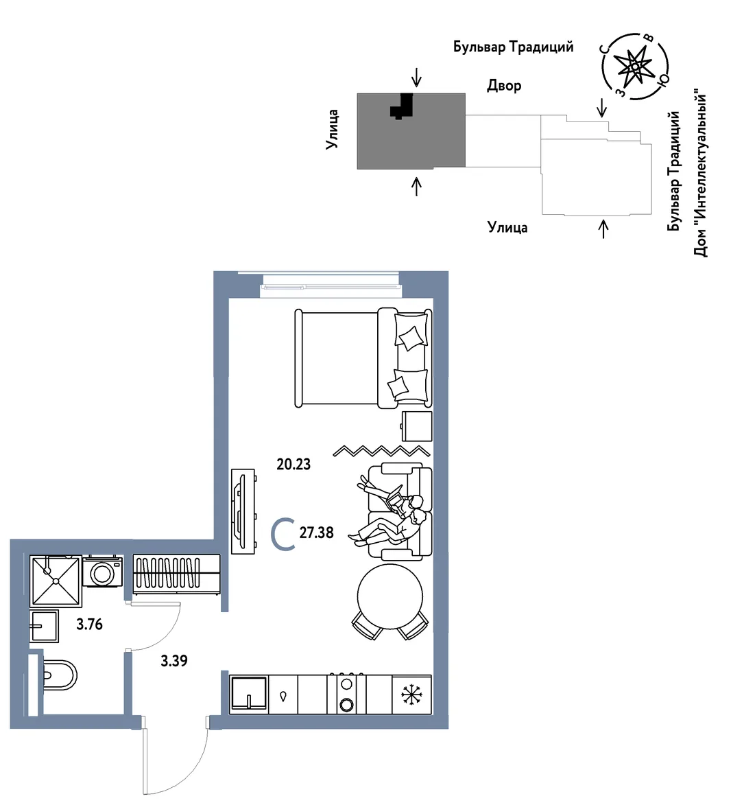 Планировка Студия, 27.38 м² ЖК «Микрорайон Домашний»