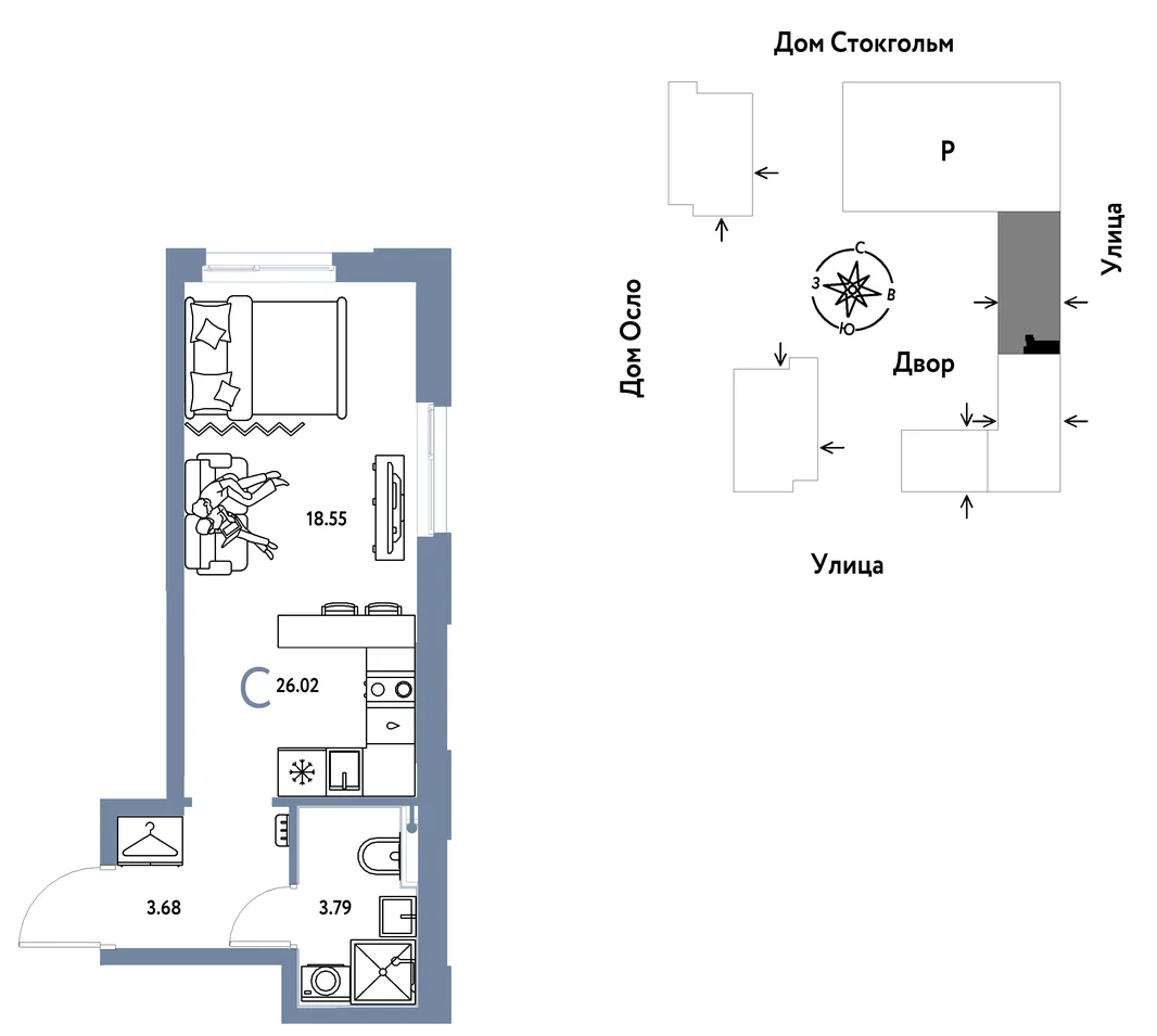 Планировка Студия, 26.02 м² ЖК «Европейский берег 2.0»