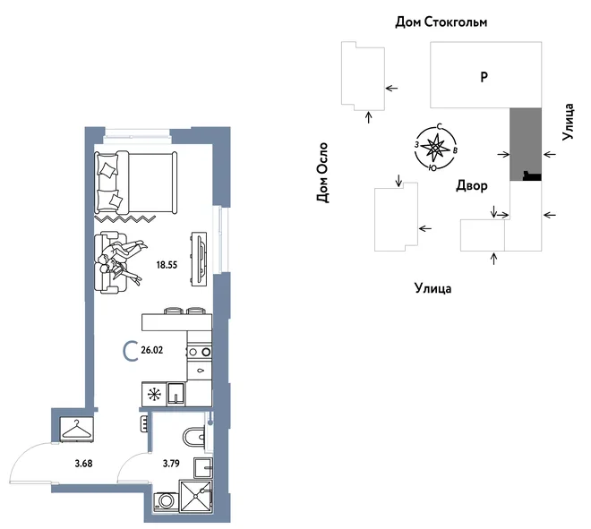 Планировка Студия, 26.02 м² ЖК «Европейский берег 2.0»