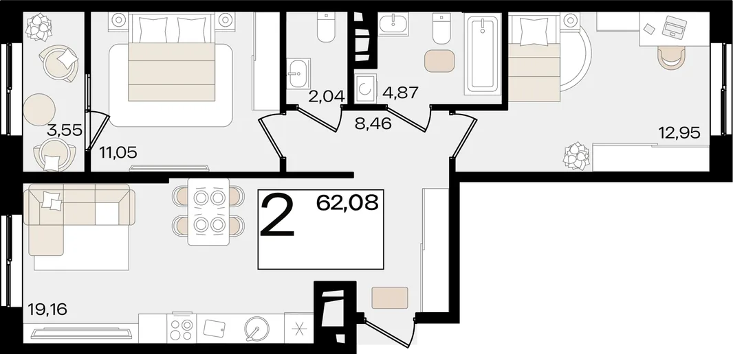 Планировка 2-комн. квартира, 62.08 м² ЖК «Патрики»