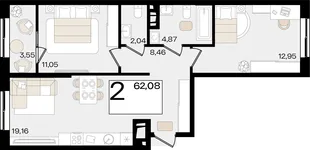 Планировка 2-комн. квартира, 62.08 м² ЖК «Патрики»