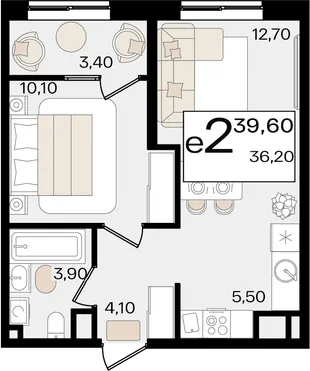 Планировка 2-комн. квартира, 39.6 м² ЖК «Патрики»