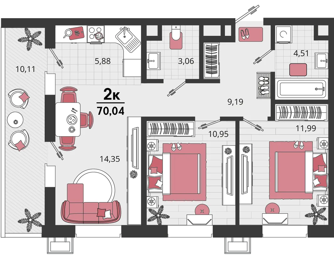 Планировка 3-комн. квартира, 70.04 м² ЖК «Родные просторы»