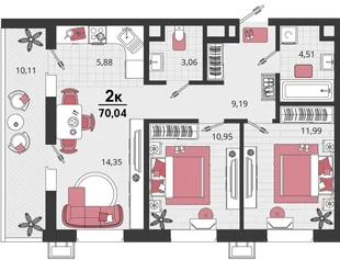 Планировка 3-комн. квартира, 70.04 м² ЖК «Родные просторы»