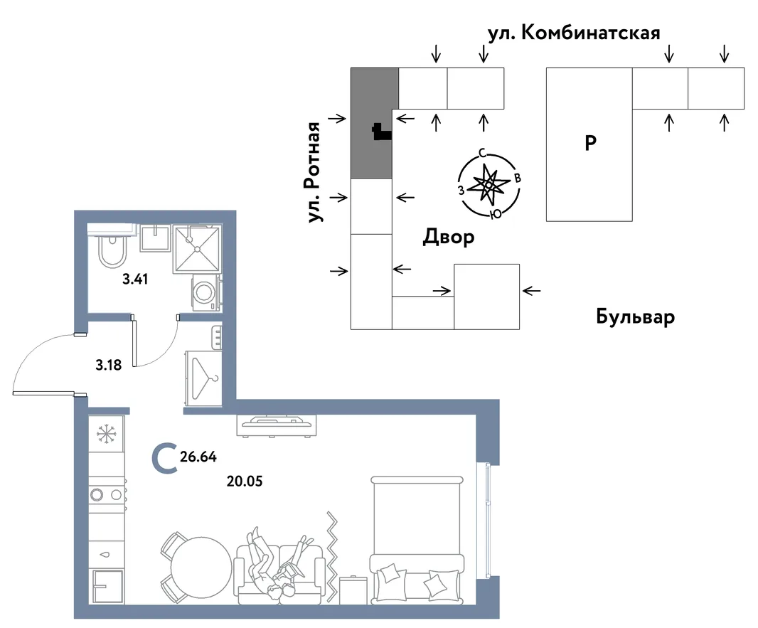 Планировка Студия, 26.55 м² ЖК «Уральский сад»