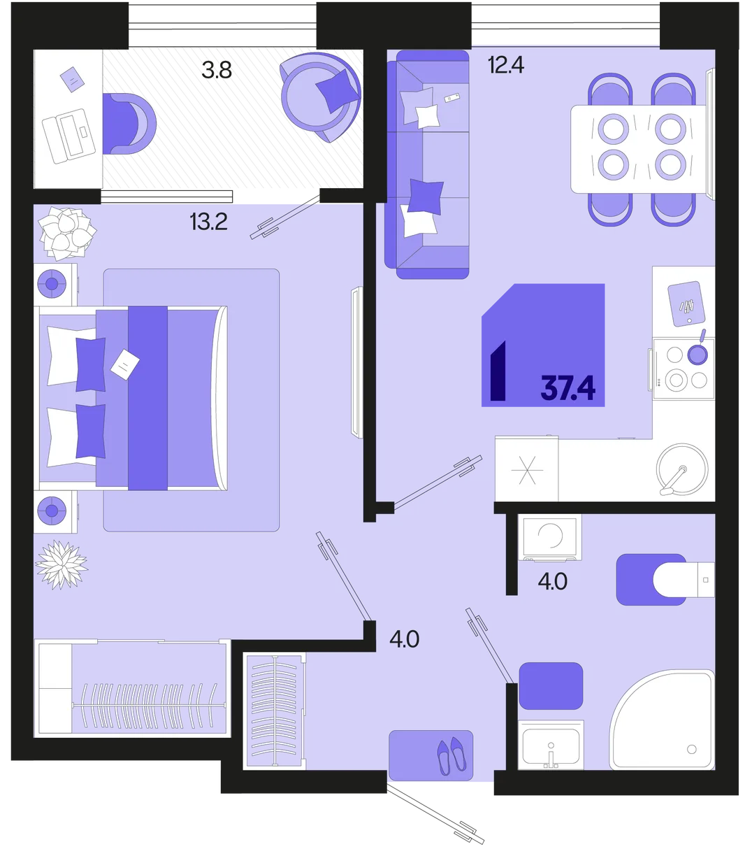 Планировка 1-комн. квартира, 37.4 м² ЖК «Первое место»