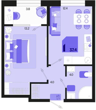 Планировка 1-комн. квартира, 37.4 м² ЖК «Первое место»