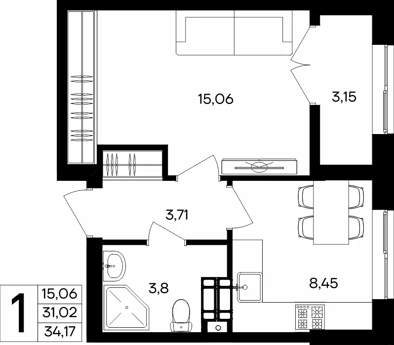 Планировка 1-комн. квартира, 34.17 м² ЖК «Семисчастье»