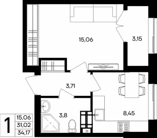 Планировка 1-комн. квартира, 34.17 м² ЖК «Семисчастье»