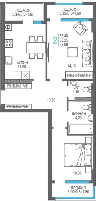 Планировка 2-комн. квартира, 58.25 м² ЖК «На Фонтанке»