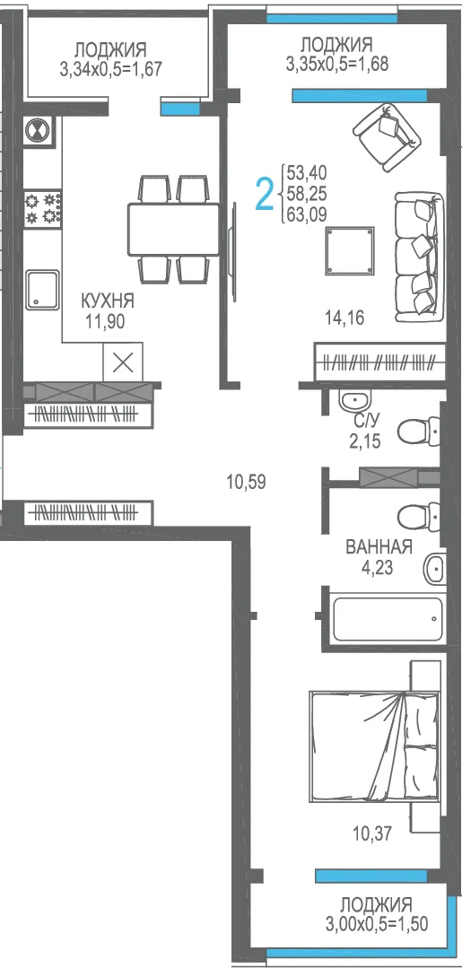 Планировка 2-комн. квартира, 58.25 м² ЖК «На Фонтанке»