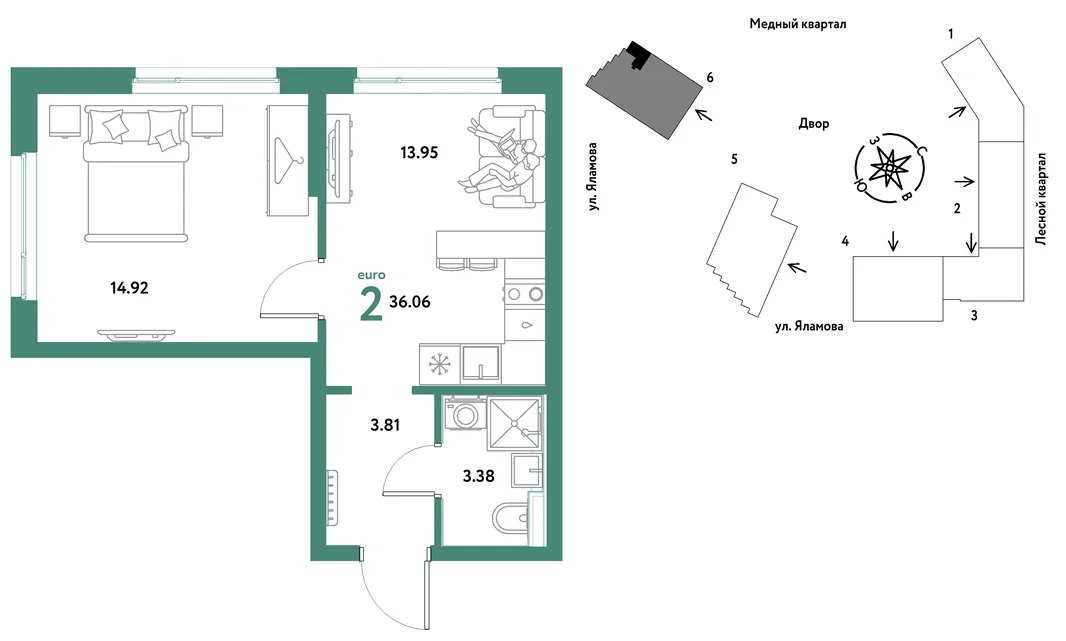 Планировка 2-комн. квартира, 36.06 м² ЖК «Сибирский сад»