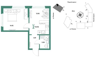 Планировка 2-комн. квартира, 36.06 м² ЖК «Сибирский сад»