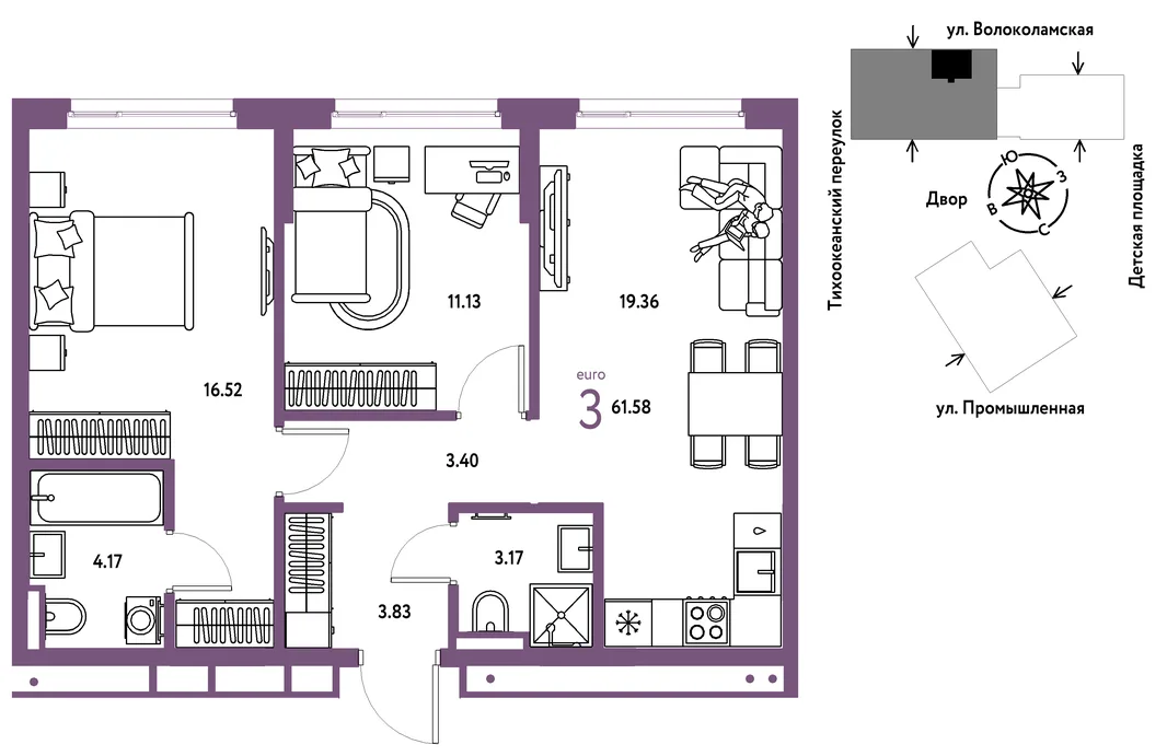 Планировка 3-комн. квартира, 61.58 м² ЖК «Страна Прибрежная»