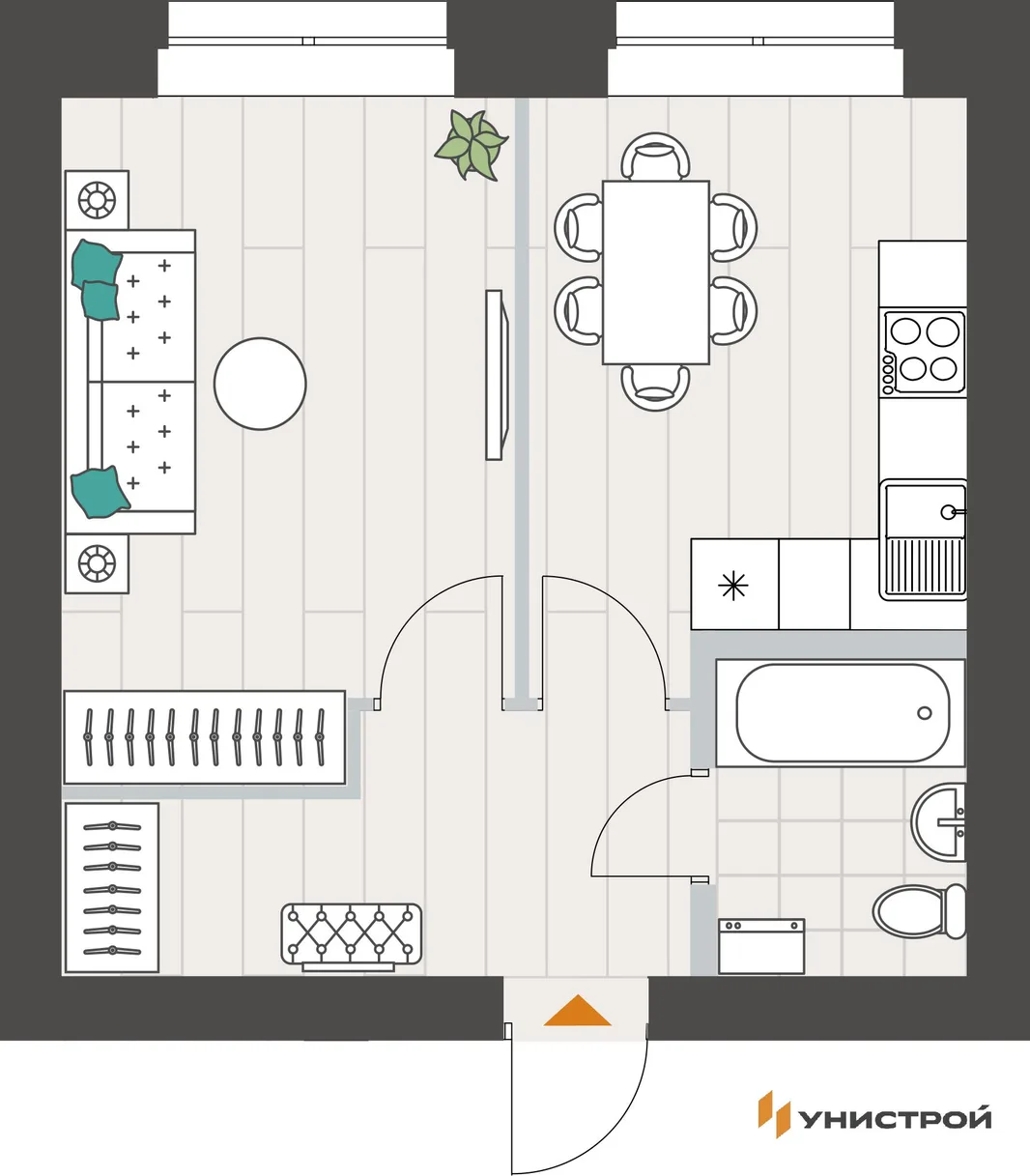Планировка 1-комн. квартира, 35.77 м² ЖК «Аквамарин»