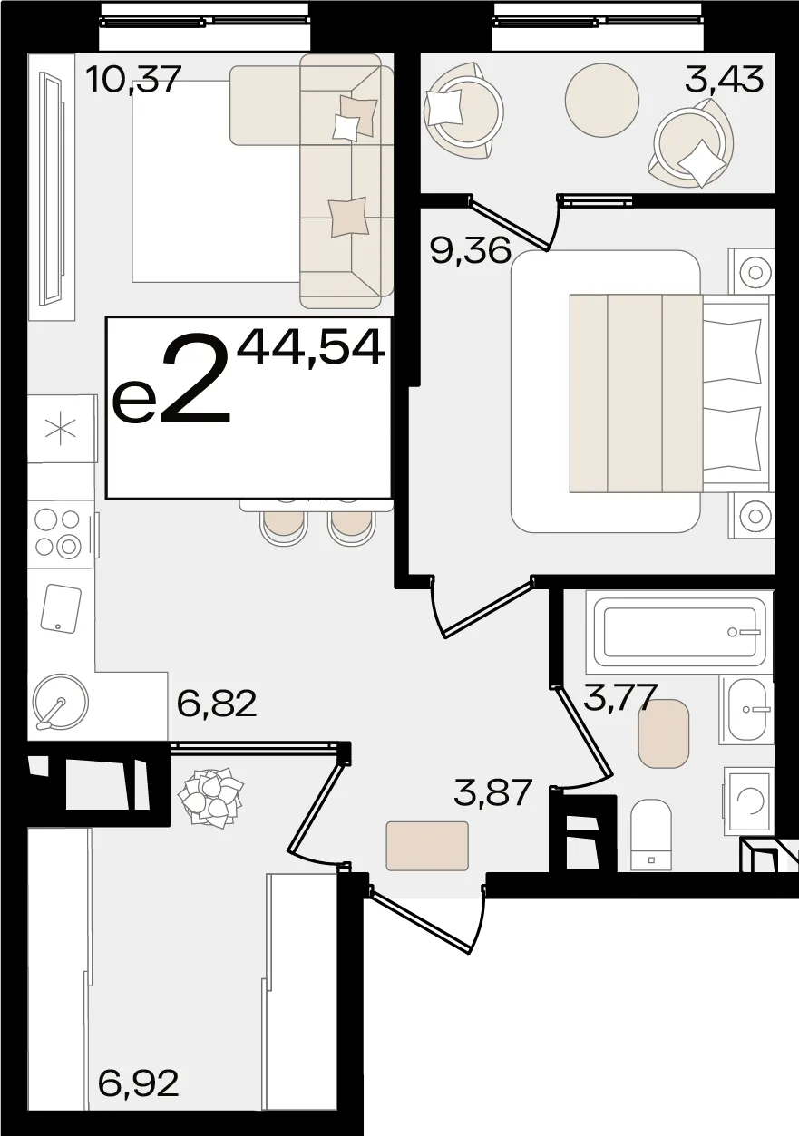 Планировка 2-комн. квартира, 44.54 м² ЖК «Патрики»