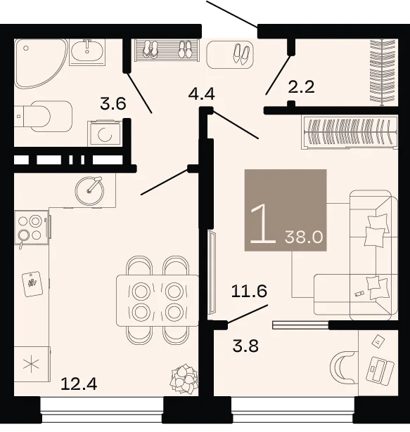 Планировка 1-комн. квартира, 38 м² ЖК «Хозяин морей»