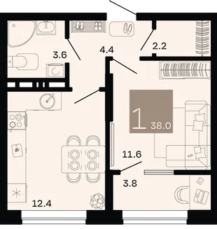 Планировка 1-комн. квартира, 38 м² ЖК «Хозяин морей»