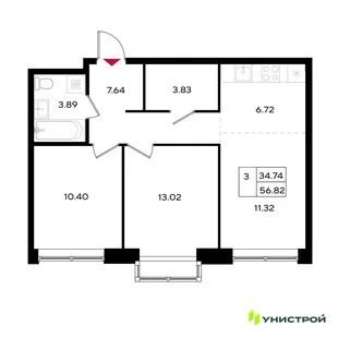 Планировка 3-комн. квартира, 56.82 м² ЖК «Уникум на Энгельса»