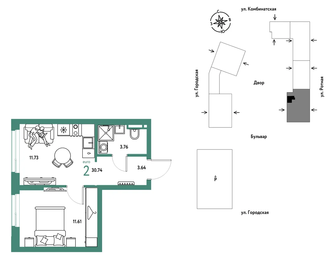 Планировка 2-комн. квартира, 30.74 м² ЖК «Уральский сад»