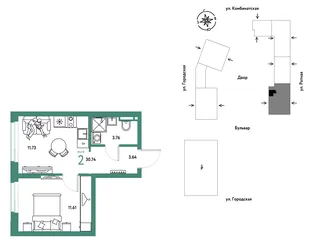 Планировка 2-комн. квартира, 30.74 м² ЖК «Уральский сад»