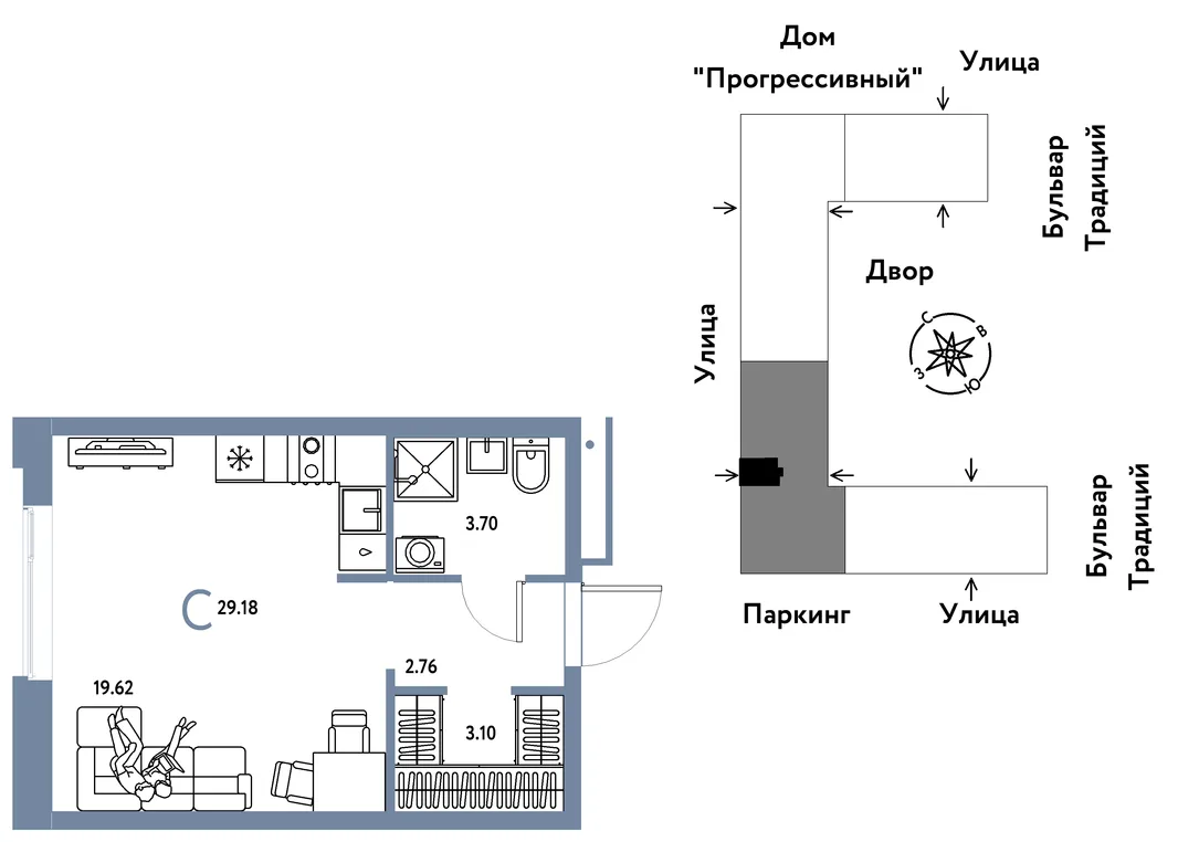 Планировка Студия, 29.18 м² ЖК «Микрорайон Домашний»