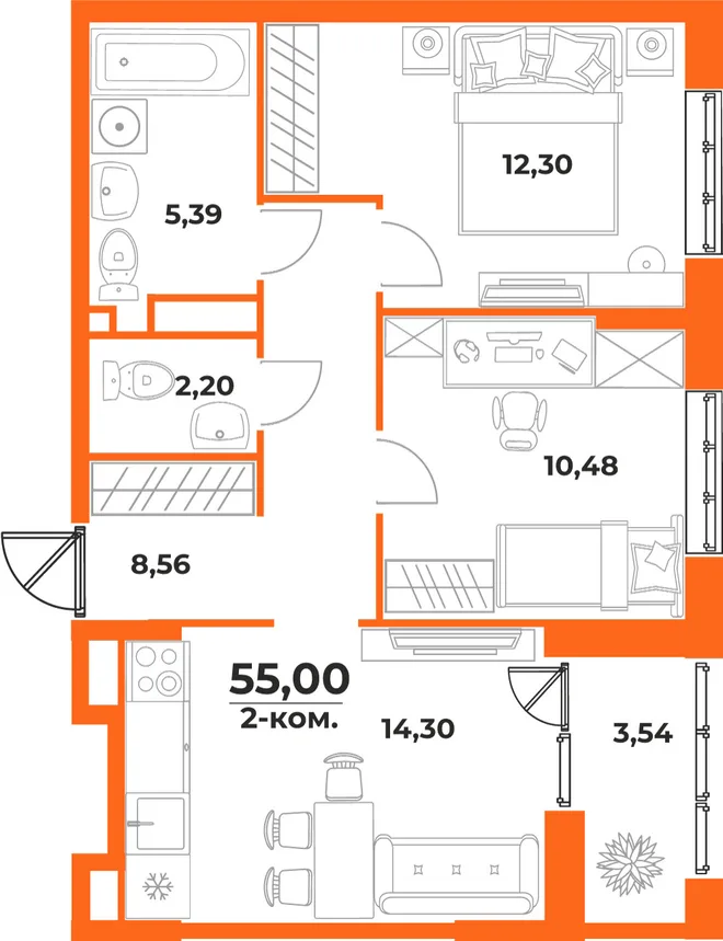 Планировка 2-комн. квартира, 55 м² ЖК «Живописный сад» Планировка 2-комн. квартира, 55 м² ЖК «Живописный сад»
