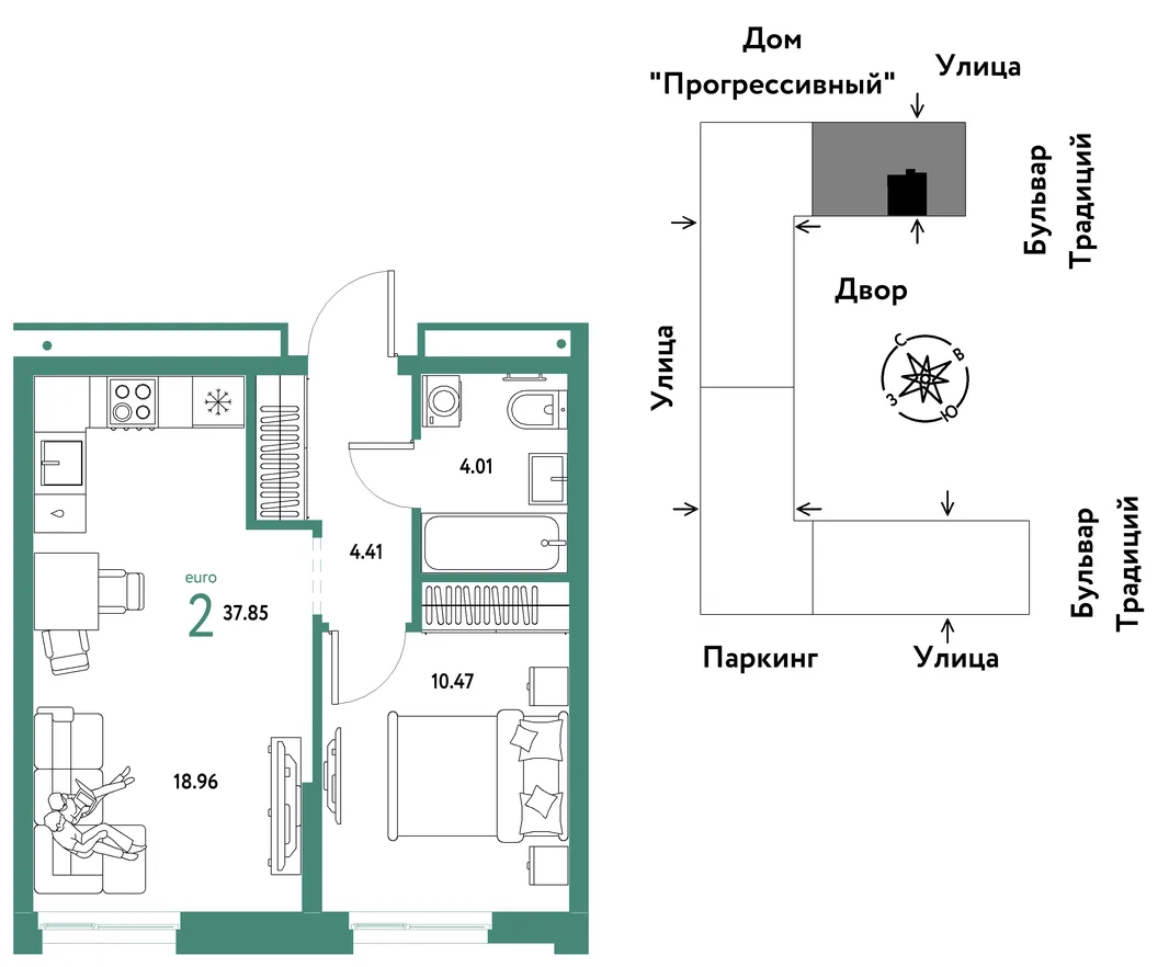 Планировка 2-комн. квартира, 37.85 м² ЖК «Микрорайон Домашний»